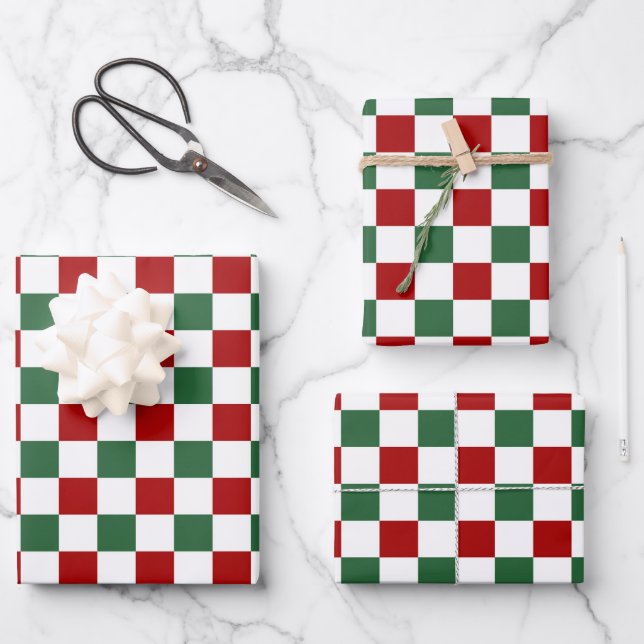 Festive Red Green Checked Pattern Wrapping Paper Sheets (Front)