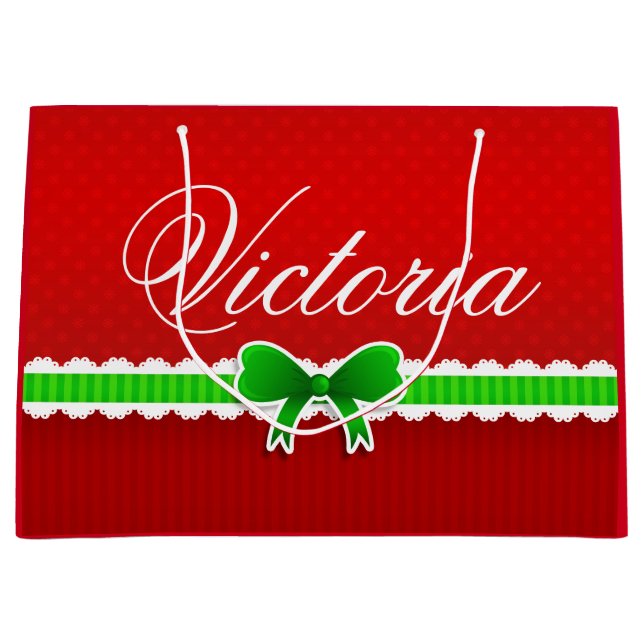 Festive Red Green Christmas Design Custom Name Large Gift Bag (Front)