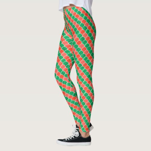 Festive Red Green Christmas Scale Pattern Leggings