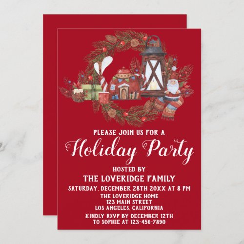 Festive Red  Green Christmas Scene Holiday Party Invitation
