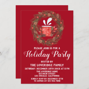 Festive Red & Green Christmas Wreath Holiday Party Invitation