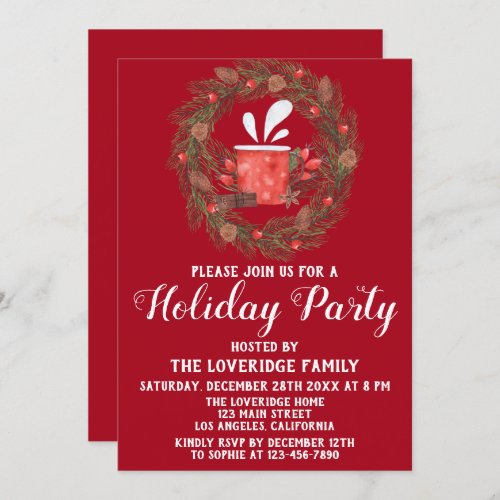 Festive Red  Green Christmas Wreath Holiday Party Invitation