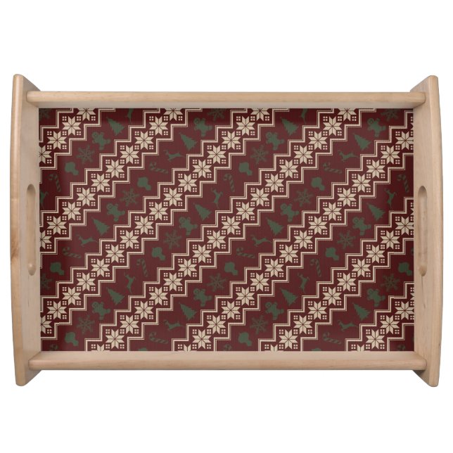 Festive Red, Green & Cream Cozy Christmas Pattern Serving Tray (Front)
