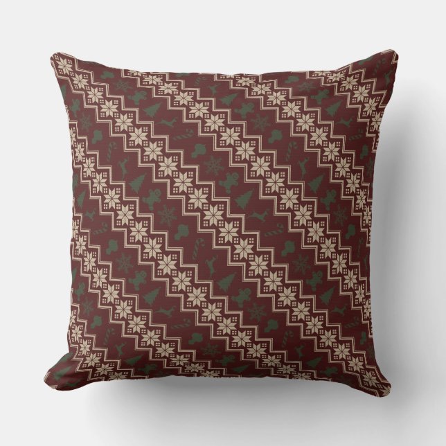 Festive Red, Green & Cream Cozy Christmas Pattern Throw Pillow (Front)