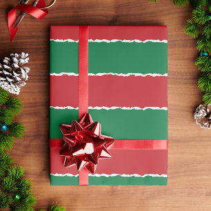 Festive Red Green Faux Torn Stripes Christmas Wrapping Paper