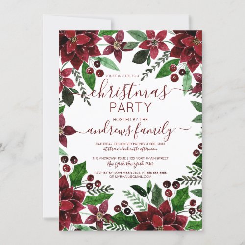 Festive Red Green Floral Ivy Watercolor Christmas Invitation