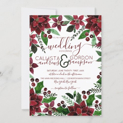 Festive Red Green Floral Ivy Watercolor Wedding Invitation