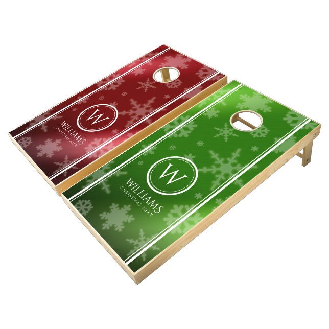 Festive Red & Green Foil Snowflakes Monogram Name Cornhole Set (Angled)