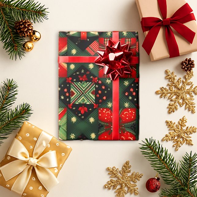 Festive Red Green Gift Quilt  Wrapping Paper (Creator Uploaded)
