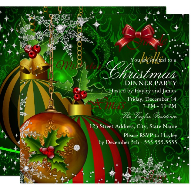 Festive Red Green Gold Christmas Dinner Party Invitation