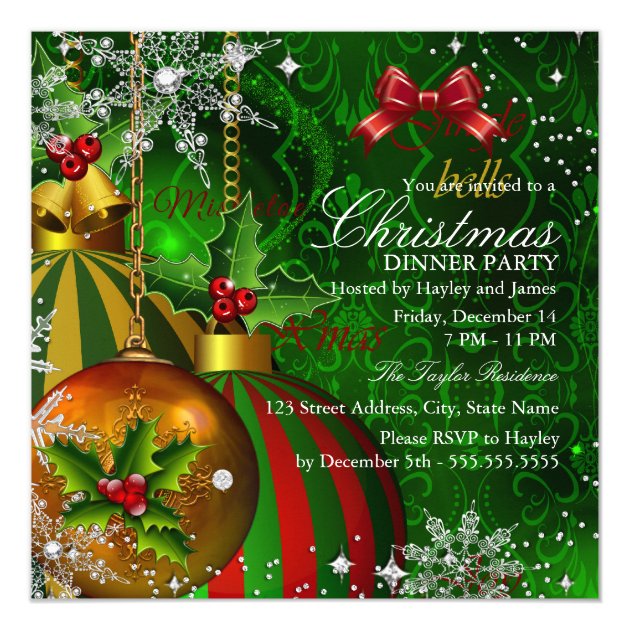 Festive Red Green Gold Christmas Dinner Party Invitation