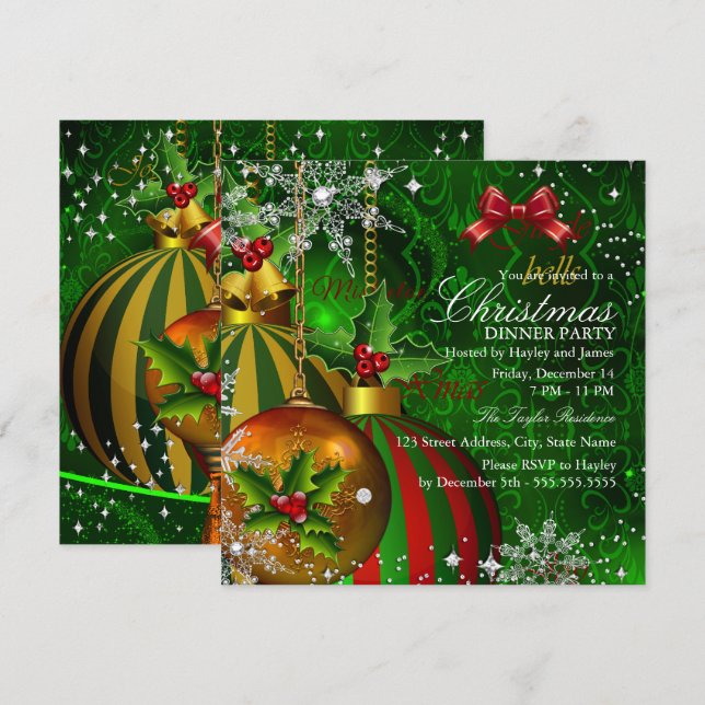 Festive Red Green Gold Christmas Dinner Party Invitation (Front/Back)
