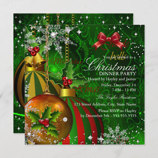 Festive Red Green Gold Christmas Dinner Party Invitation 