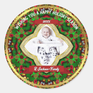 Festive Red Green Gold Family Photo Holiday Classic Round Sticker