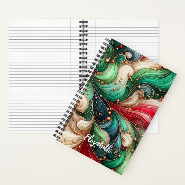 Festive Red Green Gold Ink Swirl Custom Name Notebook (Inside)