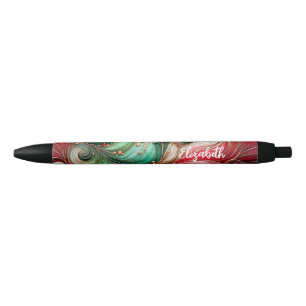 Festive Red Green Gold Ink Swirl Personalised Name Pen