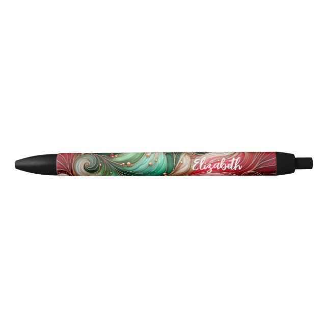 Festive Red Green Gold Ink Swirl Personalised Name Pen (Front)