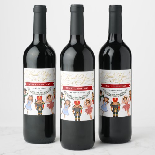 Festive Red Green Gold Nutcracker Holiday Party Wine Label