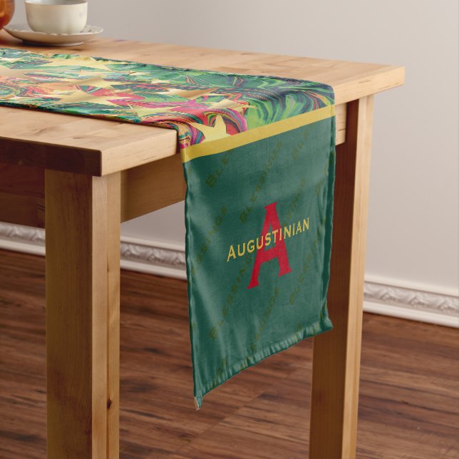 Festive Red Green Gold Personalized Christmas Short Table Runner (In Situ)