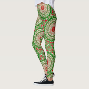 Festive Red & Green Mandala with Holiday Symmetry Leggings