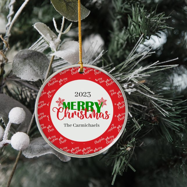 Festive Red Green Merry Christmas Round Ornament (Creator Uploaded)