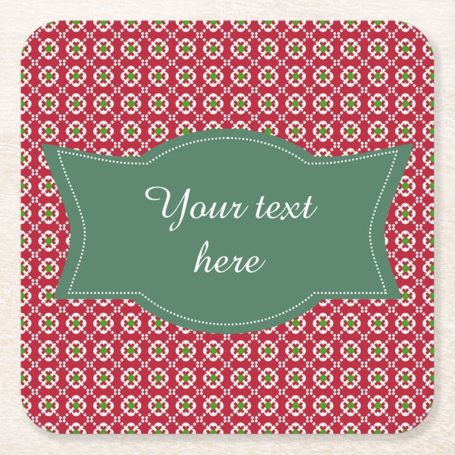 Festive Red Green Pattern Christmas Square Paper Coaster (Front)