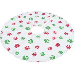 Festive Red Green Paw Prints Christmas Brushed Polyester Tree Skirt