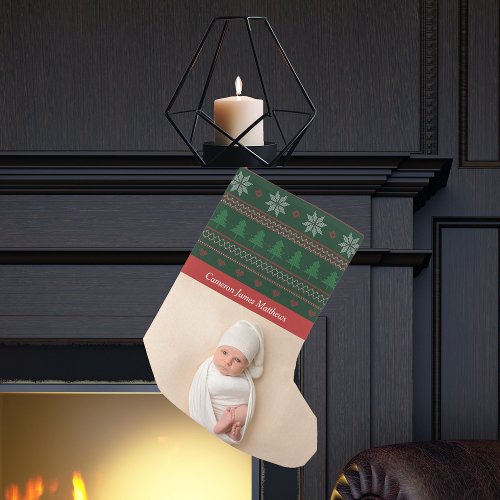 Festive Red Green Photo Babys First Small Christmas Stocking