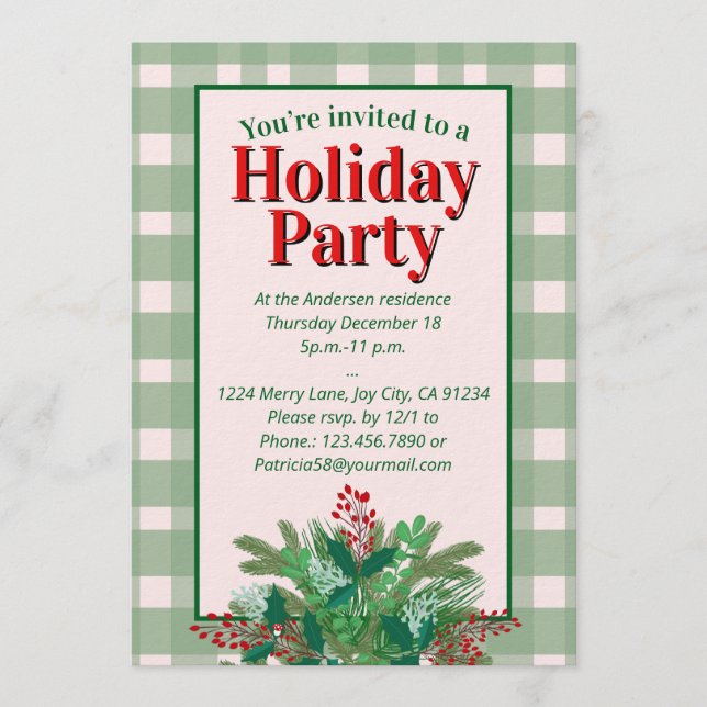 Festive red  & green plaid holiday party invitation (Front)