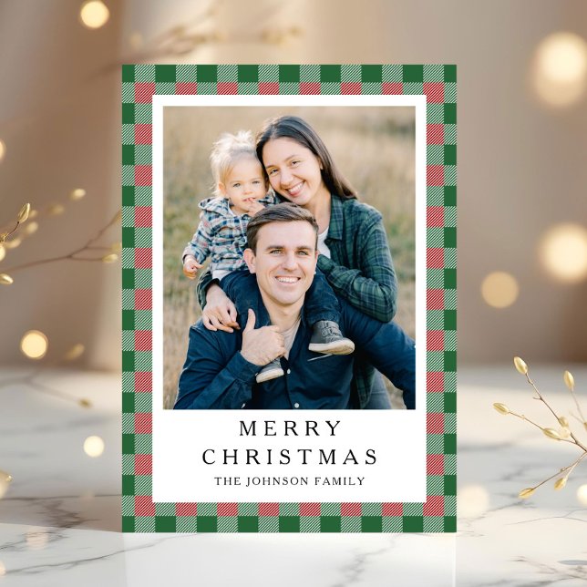 Festive red Green Plaid Photo Christmas Holiday Card (Festive red Green Plaid Photo Christmas Holiday Card)