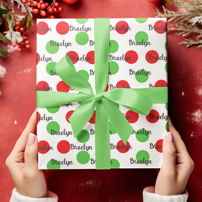 Festive Red Green Polka Dot Text Design Wrapping Paper (Red and Green Circle Personalized Name Wrapping Paper)