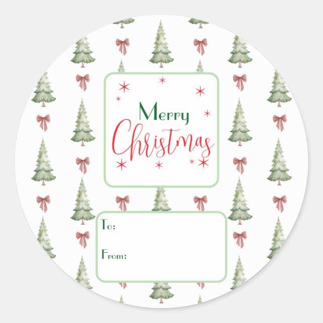 Festive Red Green Script Tree Bow To From Sticker (Front)