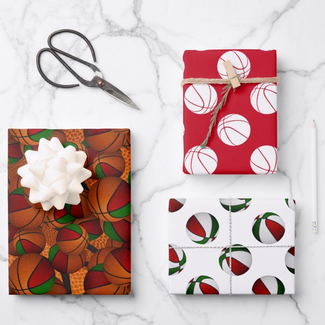 festive red green sports basketball gifts wrapping paper sheets (Front)