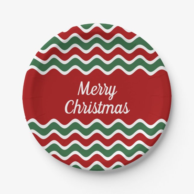 Festive Red Green Stripes Christmas Paper Plates. Plates (Front)
