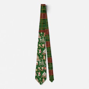Festive Red Green Tartan Christmas Elves Santa Neck Tie