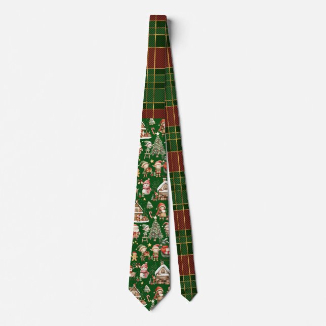 Festive Red Green Tartan Christmas Elves Santa Neck Tie (Front)