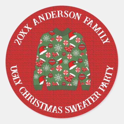 Festive Red Green Ugly Christmas Sweater Party Classic Round Sticker