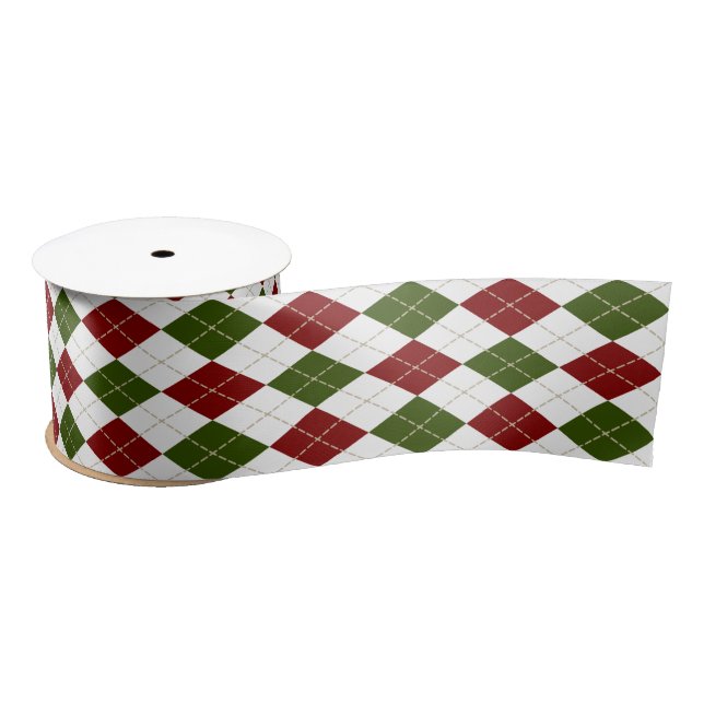 festive red green white argyle plaid satin ribbon (Spool)