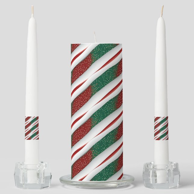 FESTIVE RED GREEN WHITE HOLIDAY STRIPES UNITY CANDLE SET (Front)