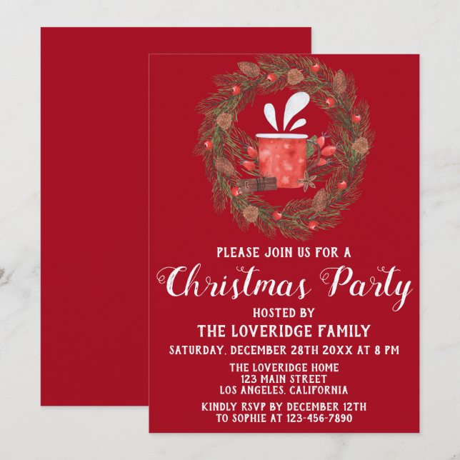 Festive Red & Green Wreath Holiday Christmas Party Invitation (Front/Back)