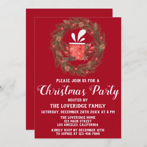 Festive Red  Green Wreath Holiday Christmas Party Invitation