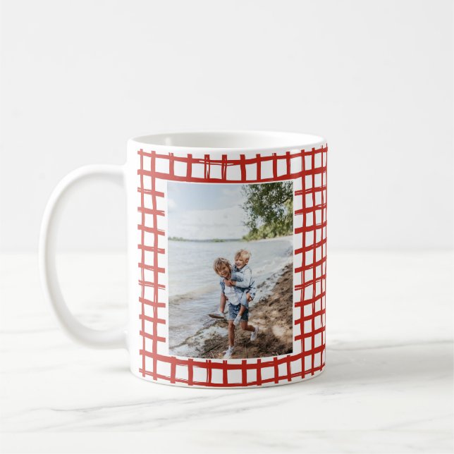 Festive Red Hand Drawn Plaid 2 Photo Coffee Mug (Left)