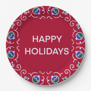 Festive red Happy Holidays Design Paper Plates