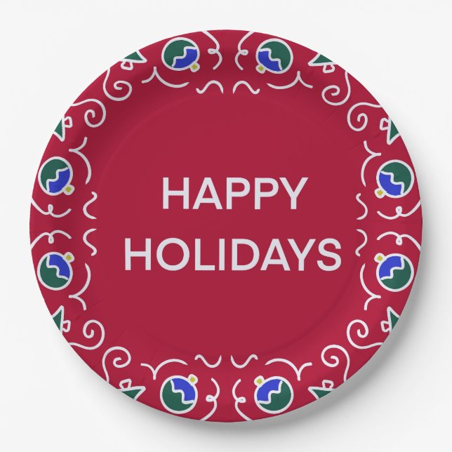 Festive red Happy Holidays Design  Paper Plates (Front)