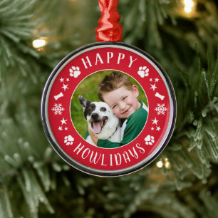 Festive Red Happy Howlidays Dog Photo Wreath Metal Ornament