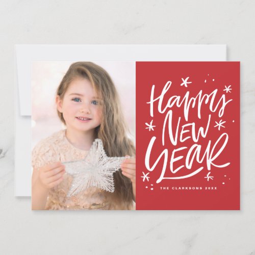 Festive Red Happy New Year Lettering Photo Holiday Card