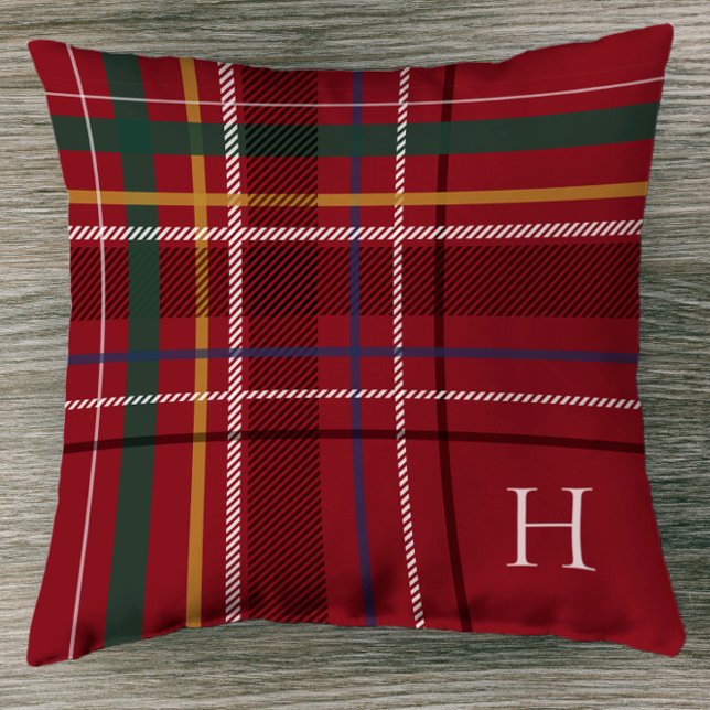 Festive red holiday plaid Christmas monogram decor Throw Pillow (Creator Uploaded)