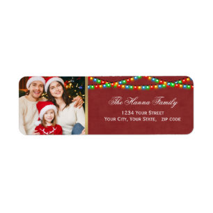Festive Red Holiday String Lights Custom Photo Label
