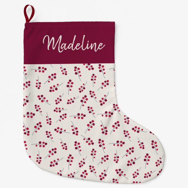 Festive Red Holly Pip Berries Monogrammed  Large Christmas Stocking (Front)
