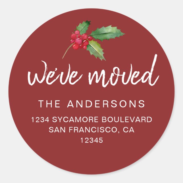 Festive Red Holly We’ve Moved Holiday Classic Round Sticker (Front)